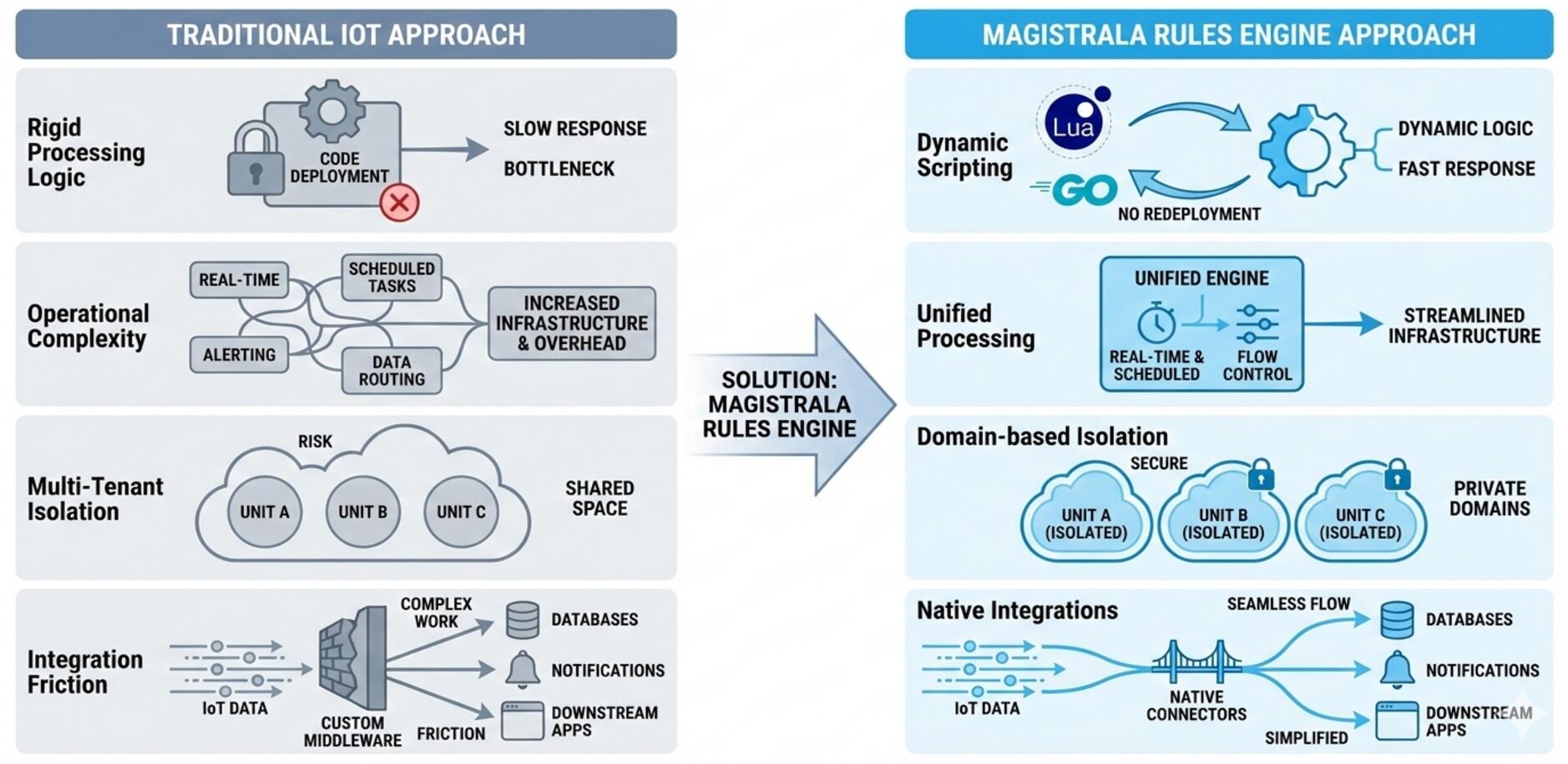 Comparison Traditional vs Magistrala Rules Engine approach